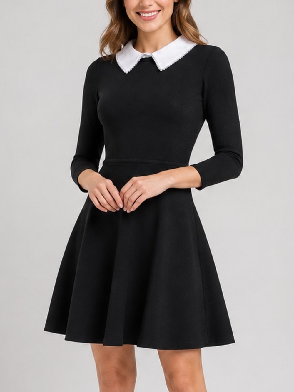 🆕🖤🤍BCX Black Fit & Flare Knit Dress White Pearl Collar XL Retro Preppy Classic